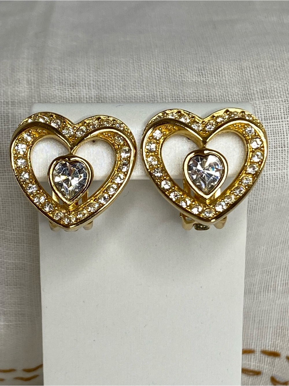 Vintage Christian Dior Heart Earrings Clip On Gold Tone Clear Crystals Gorgeous